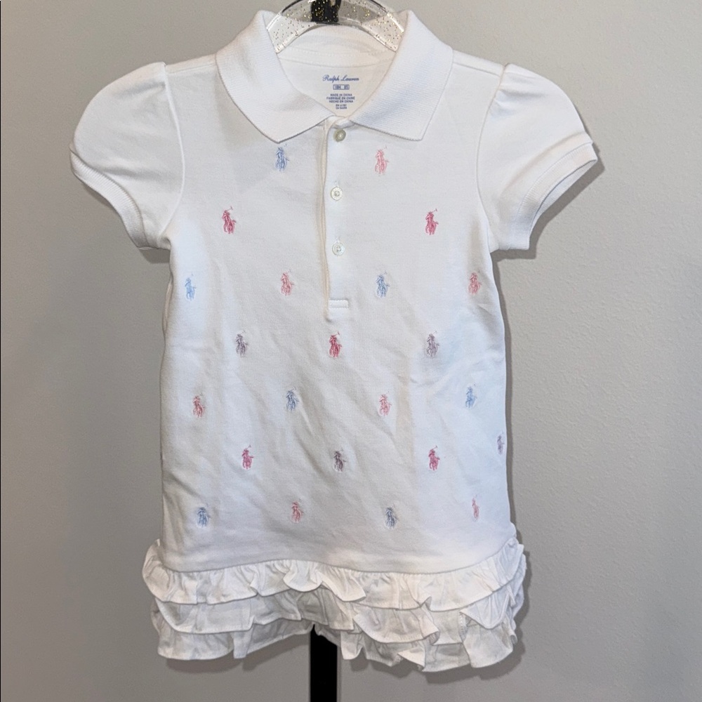 Polo by Ralph Lauren 100% Cotton Kids White Polo Dresswith Multicolor Embroidery